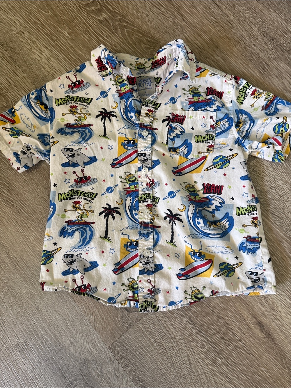 Kids Button-Down Shirt - White with Blue & Multicolor Surf Print